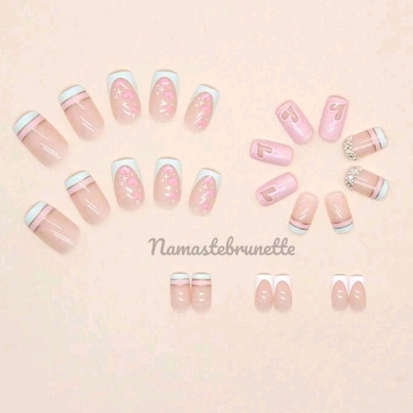 2/$16 Rhinestone Hearts French Manicure Press On Nails - Picture 2 of 14